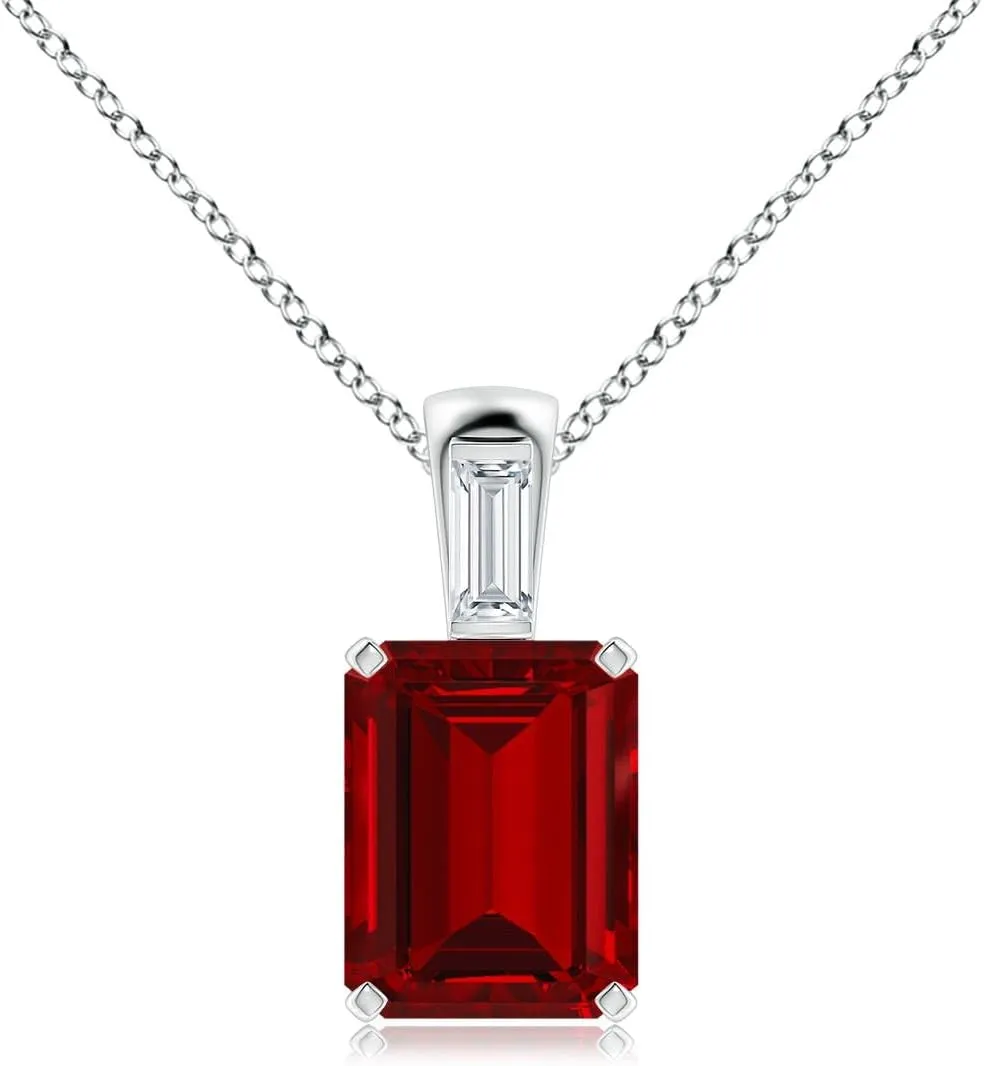 Angara Emerald-Cut Lab Grown Ruby Pendant with Baguette Diamond in 14K Solid Gold/Platinum | July Birthstone, Birthday, Engagement, Anniversary, Wedding Jewelry Gift for Women