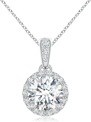 Angara Lab Grown Claw-Set Round Diamond Halo Pendant in 14K Solid Gold/Platinum | April Birthstone, Birthday, Engagement, Anniversary, Wedding Jewelry Gift for Women