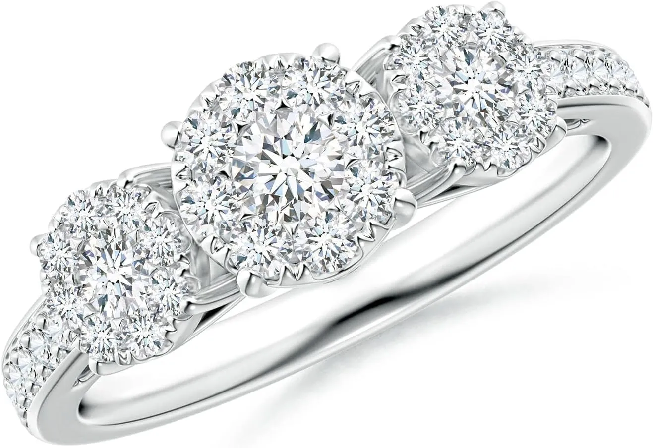 Angara Lab Grown Composite Round Diamond Three Stone Ring with accents in Silver / 14K Solid Gold/Platinum | April Birthstone, Birthday, Engagement, Anniversary, Wedding Jewelry Gift for Women