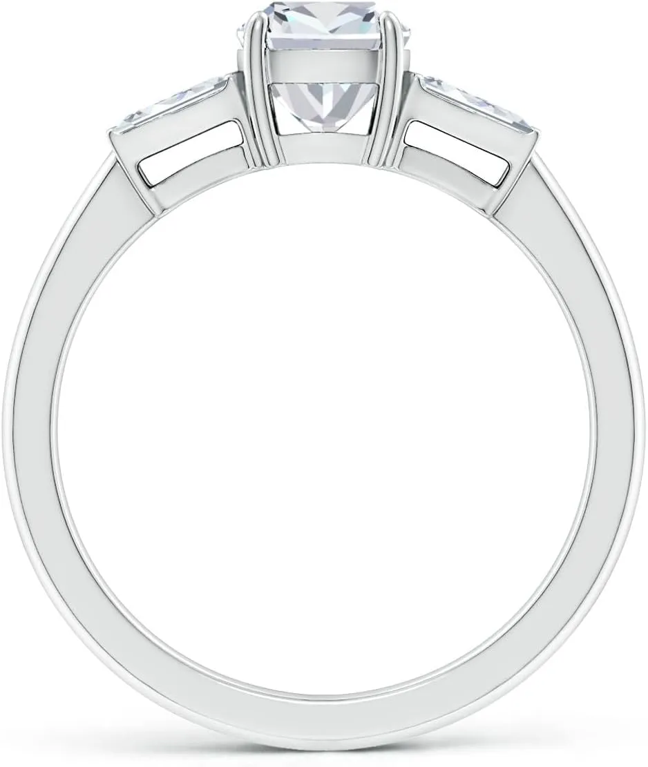 Angara Lab Grown Cushion and Twin Tapered Baguette Diamond Side Stone Engagement Ring in Silver / 14K Solid Gold/Platinum | April Birthstone, Birthday, Anniversary, Wedding Jewelry Gift for Women