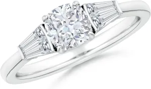 Angara Lab Grown Cushion and Twin Tapered Baguette Diamond Side Stone Engagement Ring in Silver / 14K Solid Gold/Platinum | April Birthstone, Birthday, Anniversary, Wedding Jewelry Gift for Women