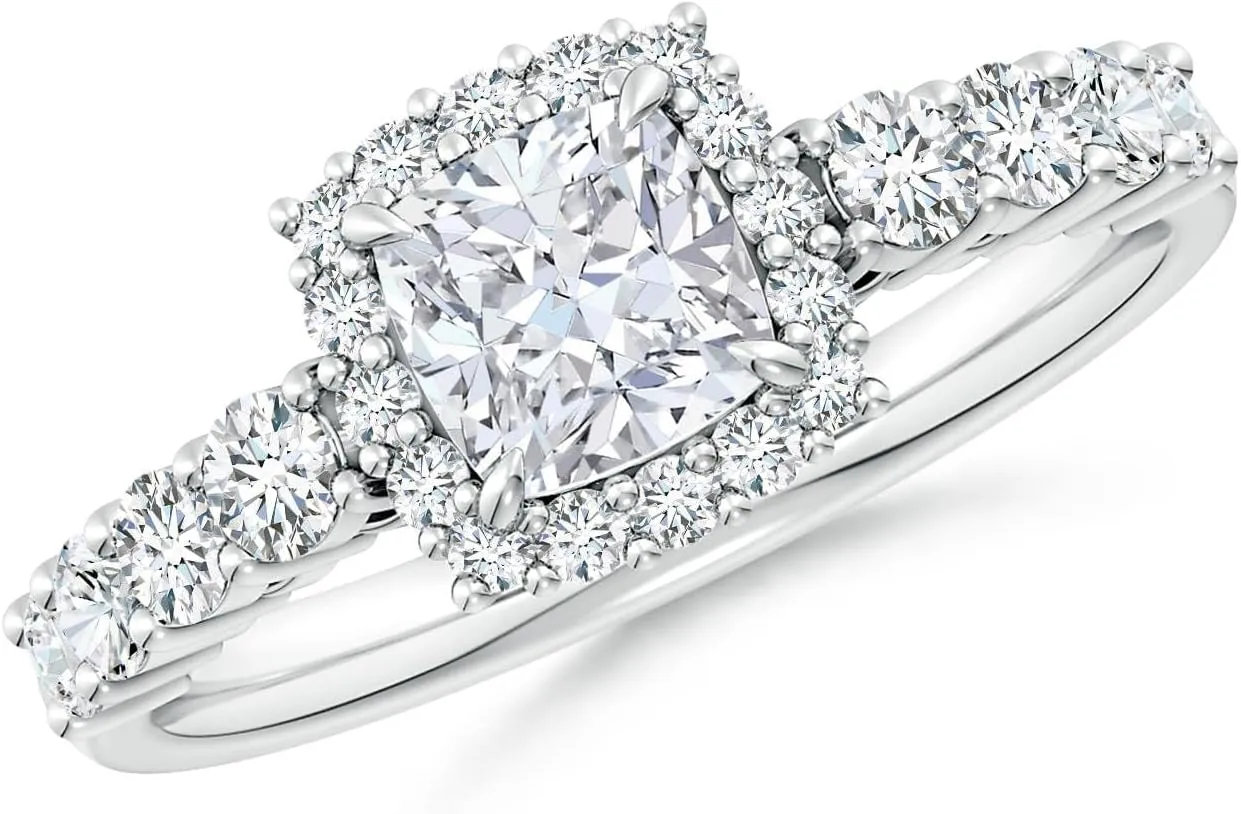 Angara Lab Grown Cushion Diamond Floral Halo Engagement Ring in Silver / 14K Solid Gold/Platinum | April Birthstone, Birthday, Anniversary, Wedding Jewelry Gift for Women