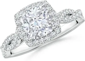 Angara Lab Grown Cushion Diamond Halo Twisted Shank Engagement Ring in Silver / 14K Solid Gold/Platinum | April Birthstone, Birthday, Anniversary, Wedding Jewelry Gift for Women