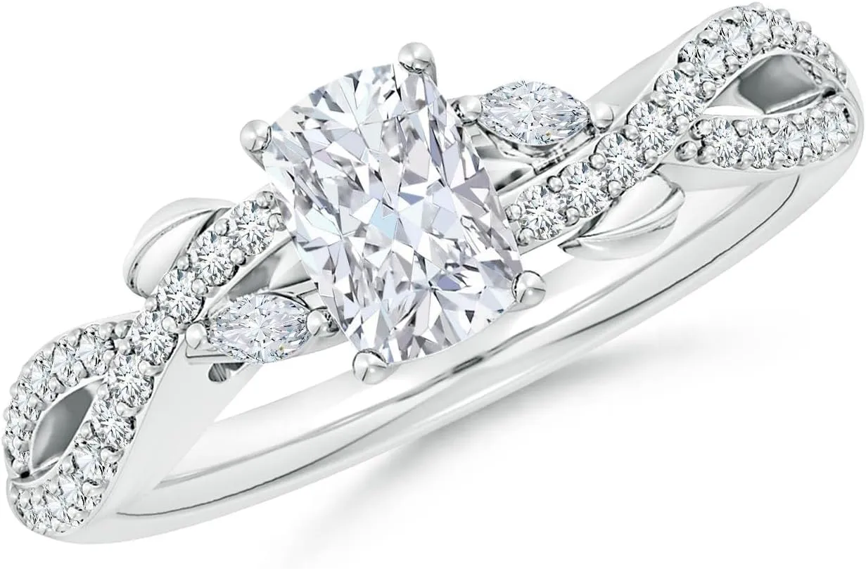 Angara Lab Grown Cushion Rectangular and Marquise Diamond Side Stone Engagement Ring in Silver / 14K Solid Gold/Platinum | April Birthstone, Birthday, Anniversary Jewelry Gift for Women