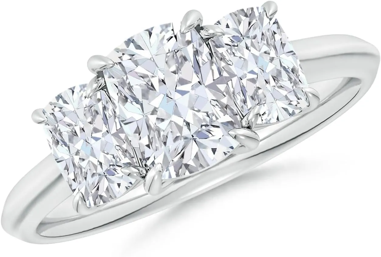 Angara Lab Grown Cushion Rectangular Diamond Three Stone Knife-Edge Shank Engagement Ring in Silver / 14K Solid Gold/Platinum | April Birthstone, Birthday, Anniversary Jewelry Gift for Women