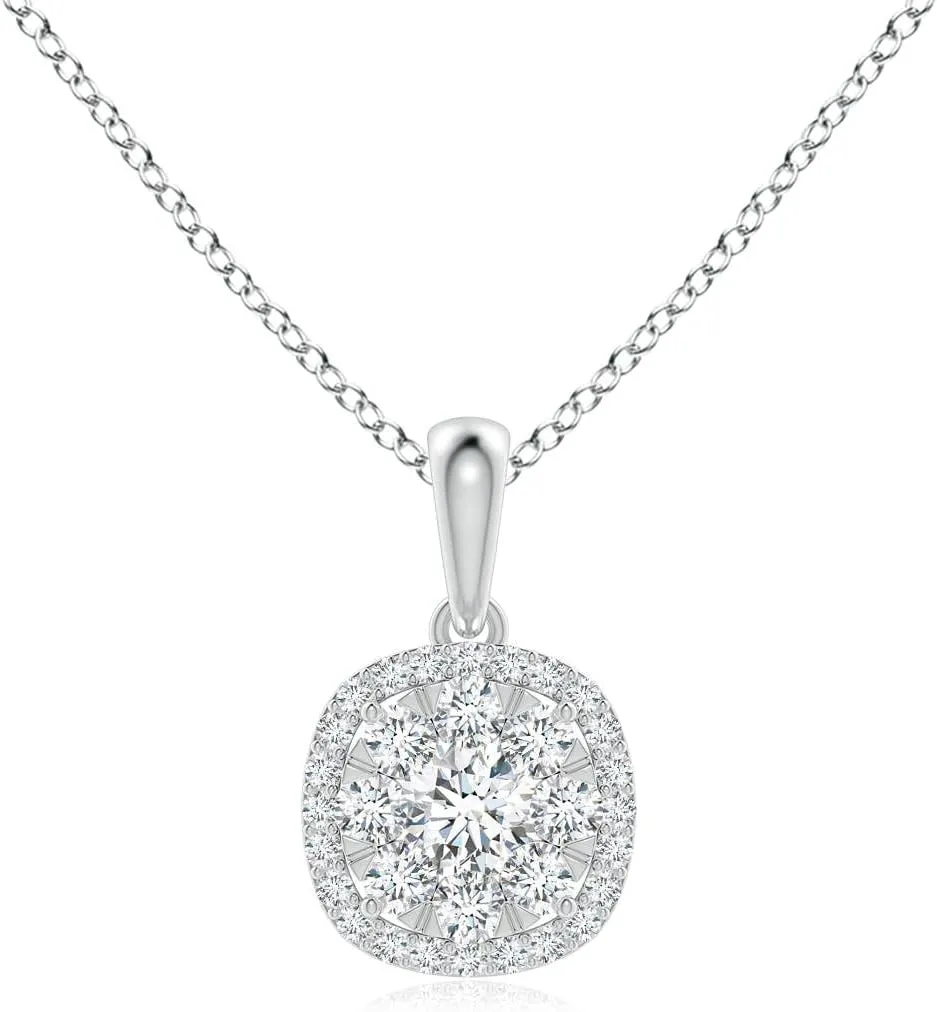 Angara Lab Grown Diamond Cluster Cushion Pendant with Halo in 14K Solid Gold/Platinum | April Birthstone, Birthday, Engagement, Anniversary, Wedding Jewelry Gift for Women