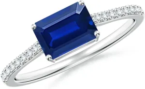 Angara Lab Grown East-West Emerald-Cut Blue Sapphire Cathedral Engagement Ring in 14K Solid Gold/Platinum | September Birthstone, Birthday, Anniversary, Wedding Jewelry Gift for Women