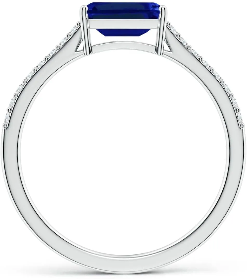 Angara Lab Grown East-West Emerald-Cut Blue Sapphire Cathedral Engagement Ring in 14K Solid Gold/Platinum | September Birthstone, Birthday, Anniversary, Wedding Jewelry Gift for Women