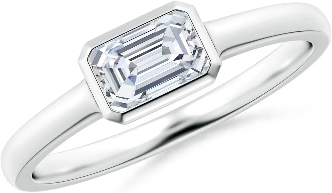 Angara Lab Grown East-West Emerald-Cut Diamond Solitaire Ring in Silver / 14K Solid Gold/Platinum | April Birthstone, Birthday, Engagement, Anniversary, Wedding Jewelry Gift for Women