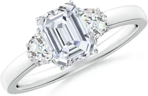 Angara Lab Grown Emerald-Cut and Half Moon Diamond Three Stone Ring in Silver / 14K Solid Gold/Platinum | April Birthstone, Birthday, Engagement, Anniversary, Wedding Jewelry Gift for Women