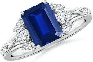 Angara Lab Grown Emerald-Cut Blue Sapphire Engagement Ring with Lab Pear Diamonds in 14K Solid Gold/Platinum | September Birthstone, Birthday, Anniversary, Wedding Jewelry Gift for Women