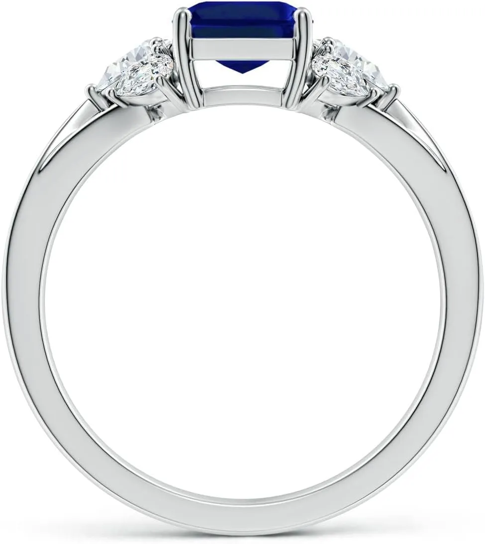 Angara Lab Grown Emerald-Cut Blue Sapphire Engagement Ring with Lab Pear Diamonds in 14K Solid Gold/Platinum | September Birthstone, Birthday, Anniversary, Wedding Jewelry Gift for Women
