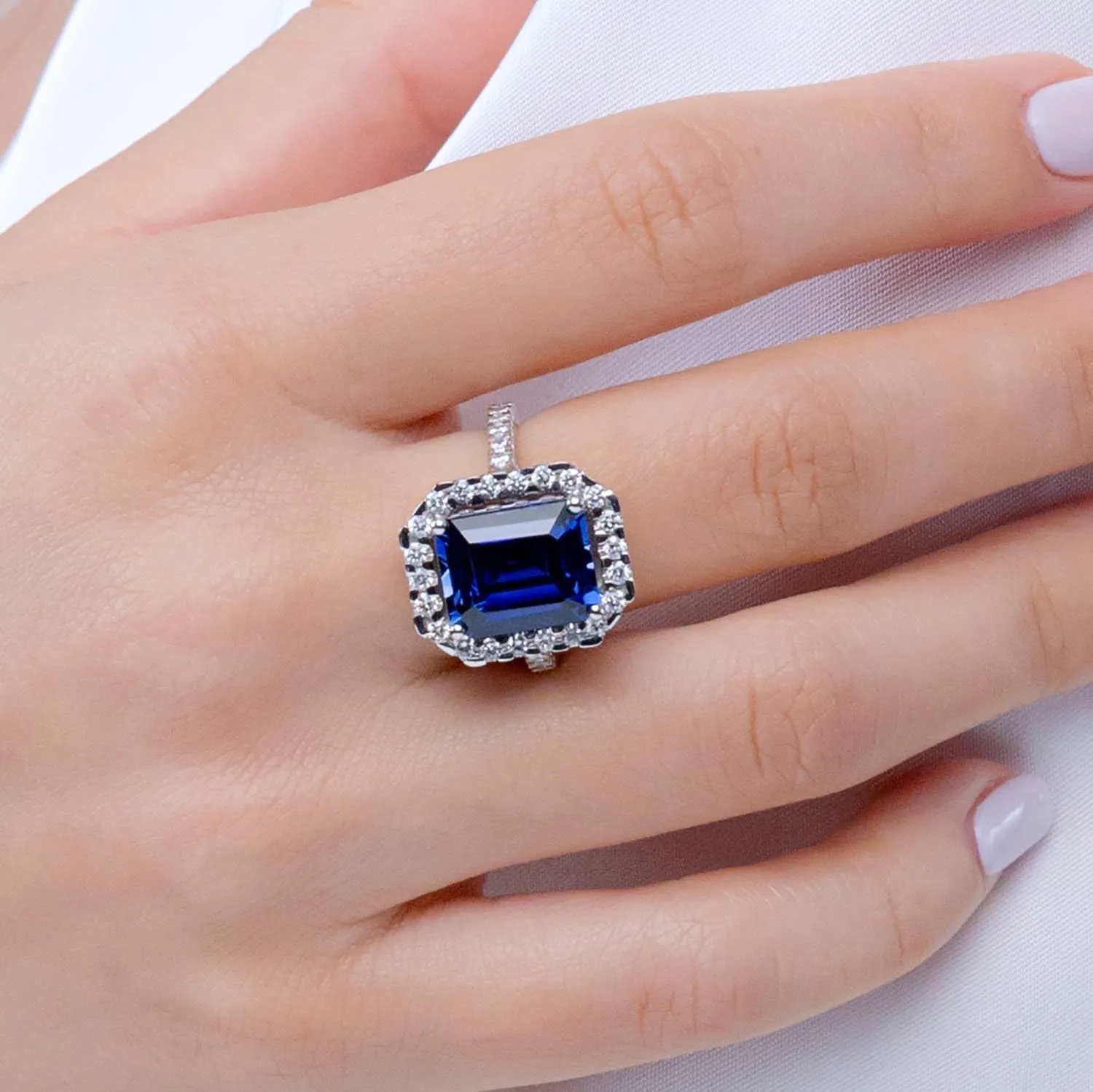 Angara Lab Grown Emerald-Cut Blue Sapphire Halo Ring in 14K Solid Gold/Platinum | September Birthstone, Birthday, Engagement, Anniversary, Wedding Jewelry Gift for Women