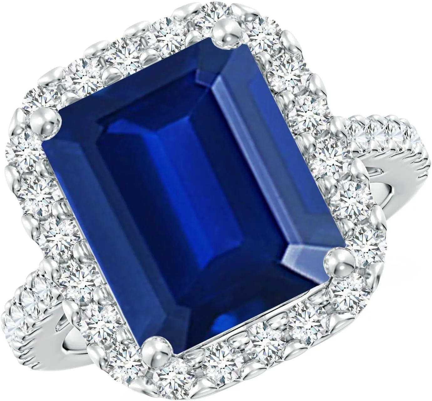 Angara Lab Grown Emerald-Cut Blue Sapphire Halo Ring in 14K Solid Gold/Platinum | September Birthstone, Birthday, Engagement, Anniversary, Wedding Jewelry Gift for Women
