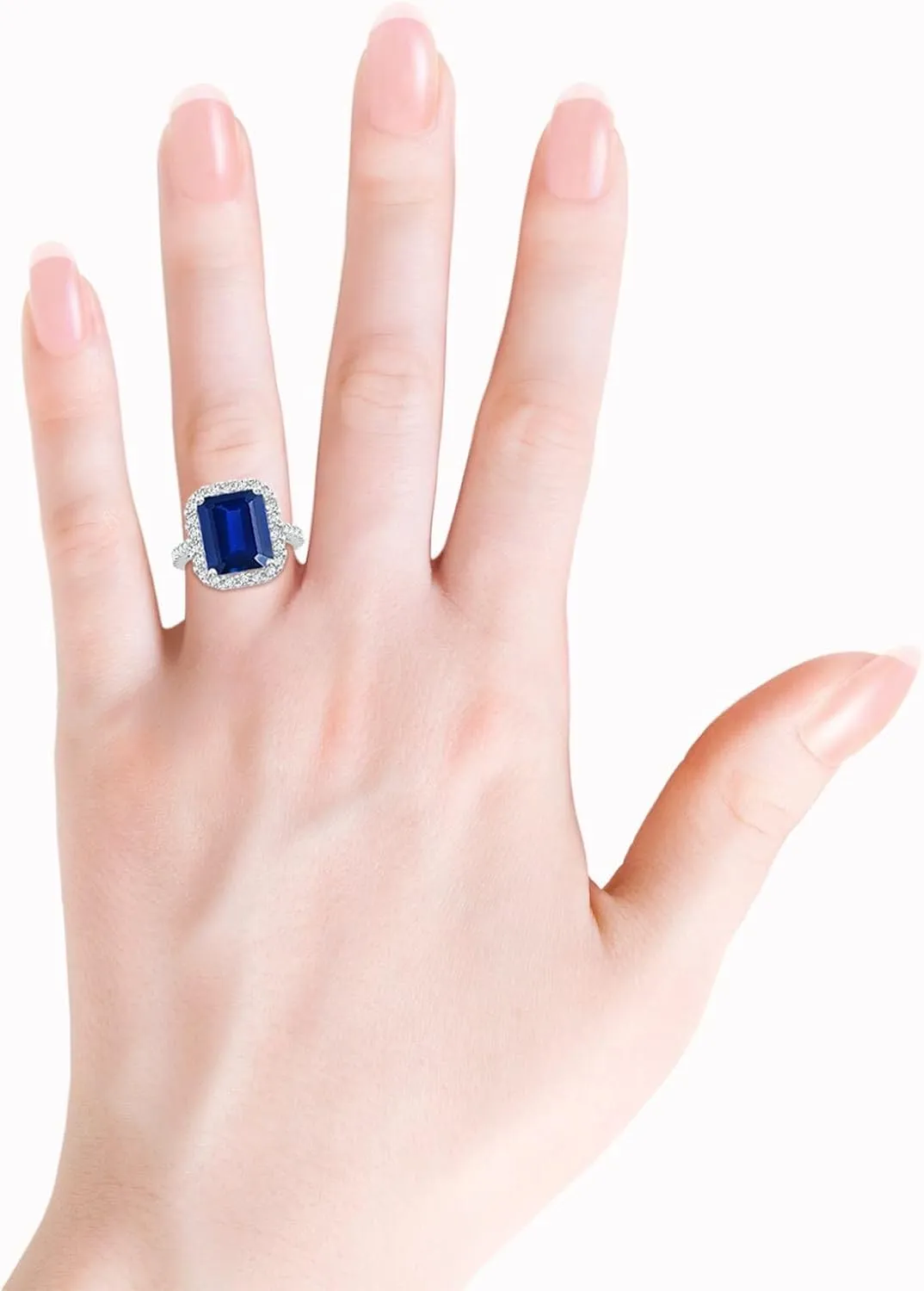 Angara Lab Grown Emerald-Cut Blue Sapphire Halo Ring in 14K Solid Gold/Platinum | September Birthstone, Birthday, Engagement, Anniversary, Wedding Jewelry Gift for Women