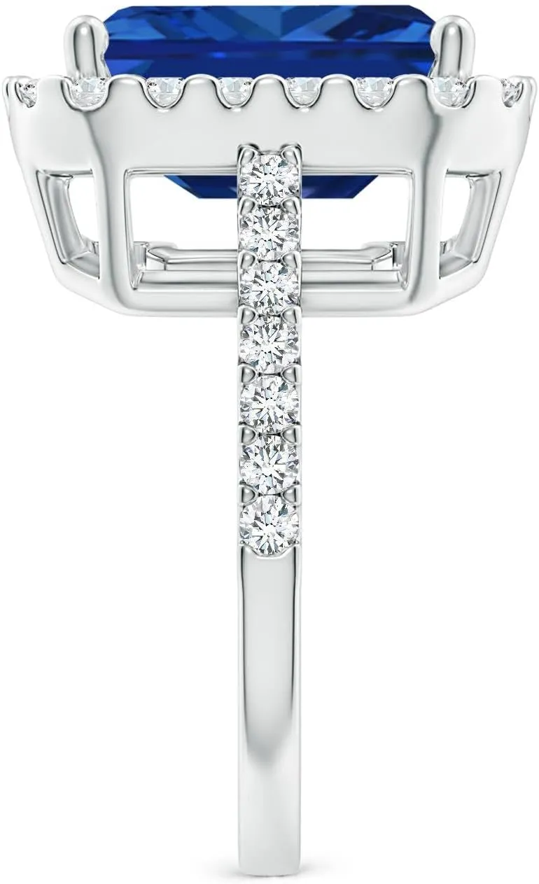 Angara Lab Grown Emerald-Cut Blue Sapphire Halo Ring in 14K Solid Gold/Platinum | September Birthstone, Birthday, Engagement, Anniversary, Wedding Jewelry Gift for Women