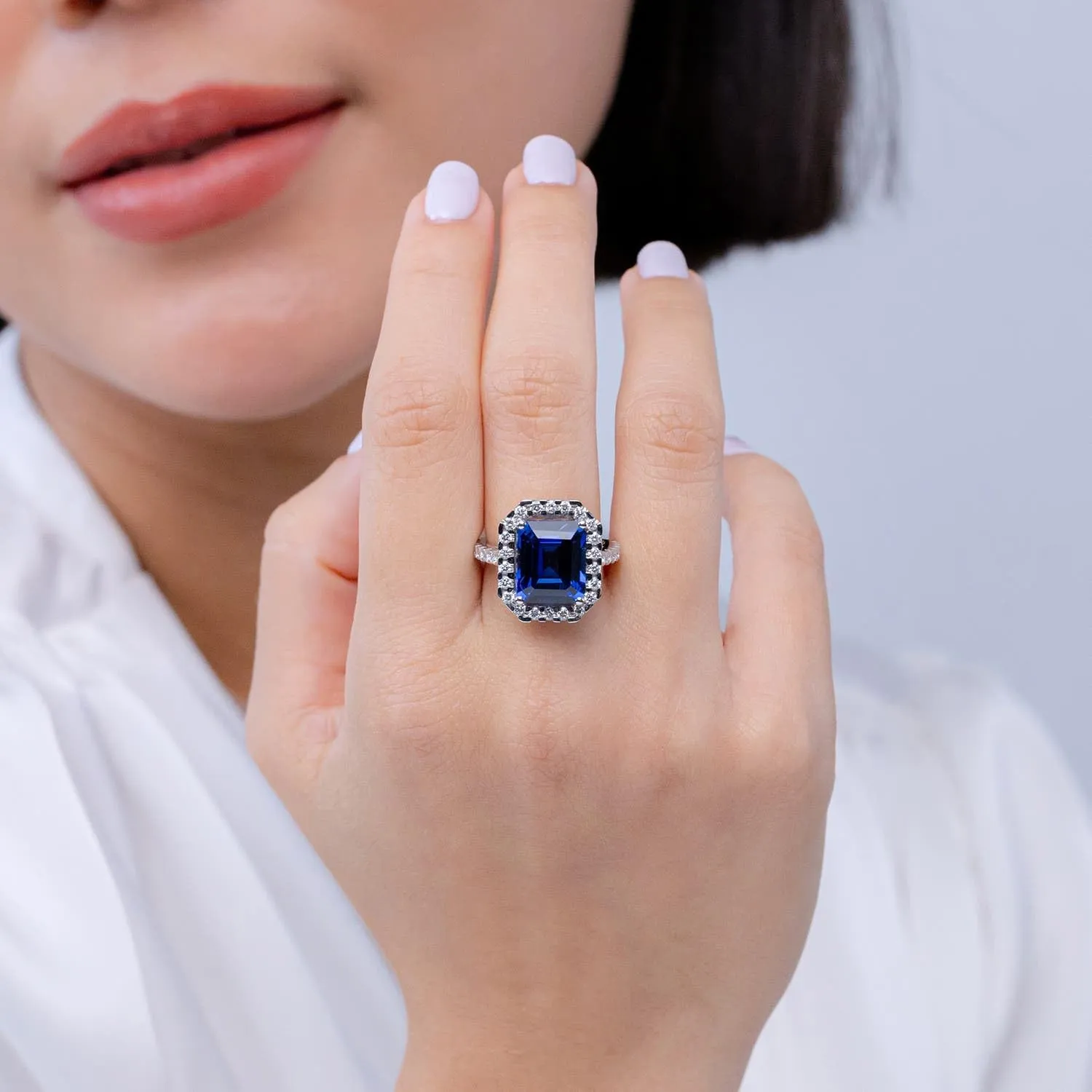 Angara Lab Grown Emerald-Cut Blue Sapphire Halo Ring in 14K Solid Gold/Platinum | September Birthstone, Birthday, Engagement, Anniversary, Wedding Jewelry Gift for Women