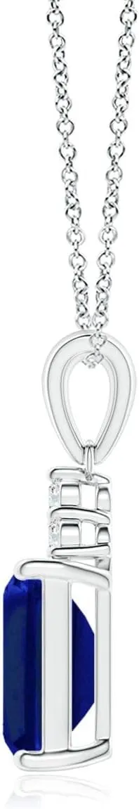 Angara Lab Grown Emerald-Cut Blue Sapphire Pendant with Lab Diamond Trio in Silver / 14K Solid Gold/Platinum | September Birthstone, Birthday, Engagement, Anniversary, Wedding Jewelry Gift for Women