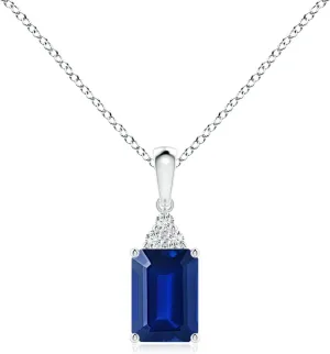 Angara Lab Grown Emerald-Cut Blue Sapphire Pendant with Lab Diamond Trio in Silver / 14K Solid Gold/Platinum | September Birthstone, Birthday, Engagement, Anniversary, Wedding Jewelry Gift for Women