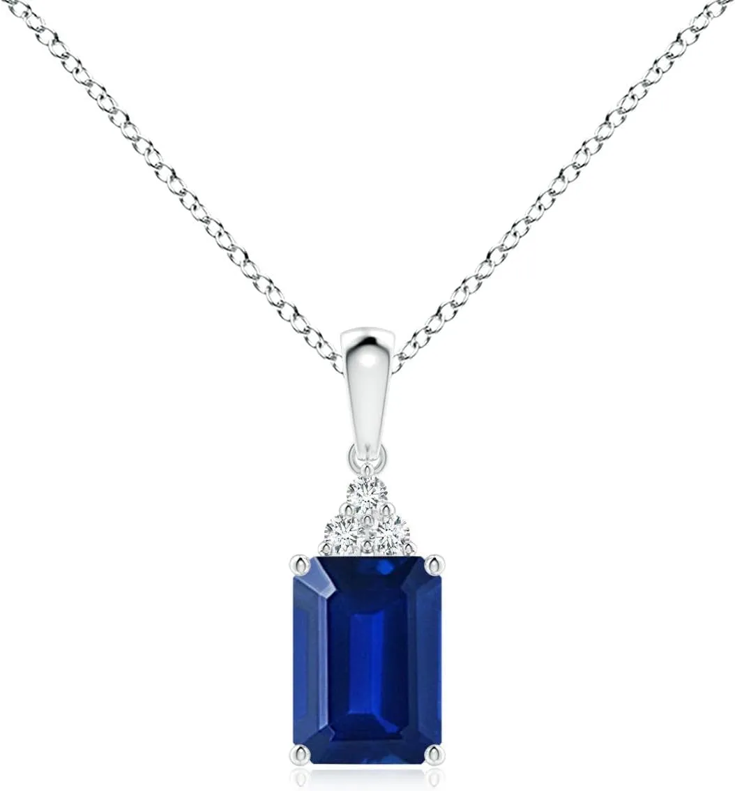 Angara Lab Grown Emerald-Cut Blue Sapphire Pendant with Lab Diamond Trio in Silver / 14K Solid Gold/Platinum | September Birthstone, Birthday, Engagement, Anniversary, Wedding Jewelry Gift for Women