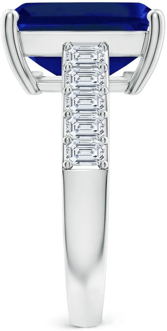 Angara Lab Grown Emerald-Cut Blue Sapphire Ring with Diamond Accents in Silver / 14K Solid Gold/Platinum | September Birthstone, Birthday, Engagement, Anniversary, Wedding Jewelry Gift for Women