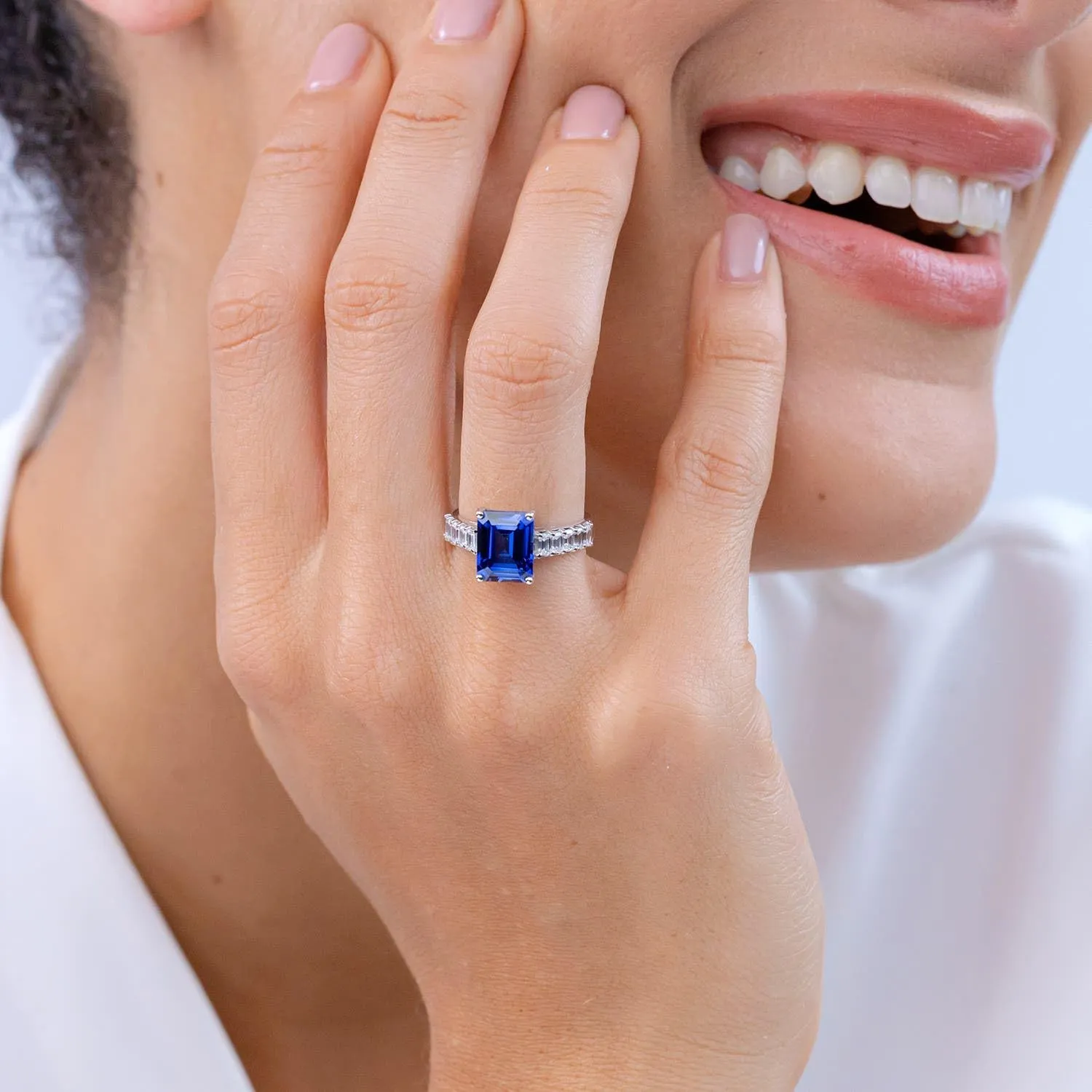 Angara Lab Grown Emerald-Cut Blue Sapphire Ring with Diamond Accents in Silver / 14K Solid Gold/Platinum | September Birthstone, Birthday, Engagement, Anniversary, Wedding Jewelry Gift for Women
