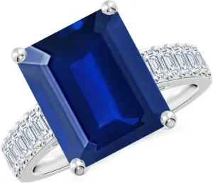 Angara Lab Grown Emerald-Cut Blue Sapphire Ring with Diamond Accents in Silver / 14K Solid Gold/Platinum | September Birthstone, Birthday, Engagement, Anniversary, Wedding Jewelry Gift for Women