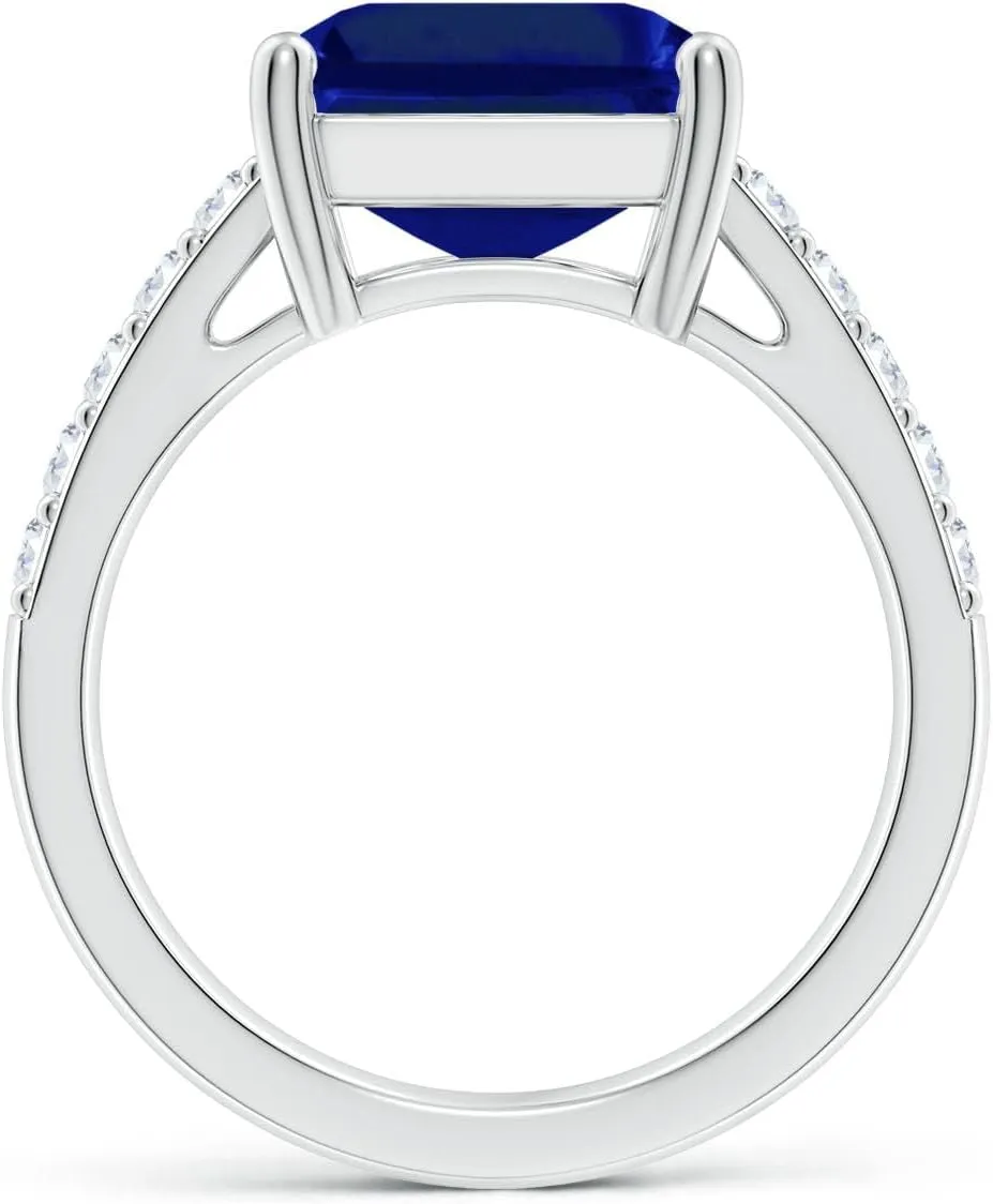 Angara Lab Grown Emerald-Cut Blue Sapphire Ring with Diamond Accents in Silver / 14K Solid Gold/Platinum | September Birthstone, Birthday, Engagement, Anniversary, Wedding Jewelry Gift for Women