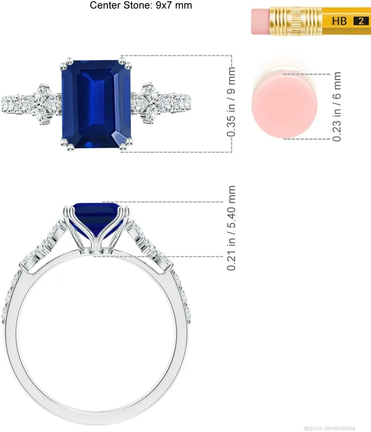 Angara Lab Grown Emerald-Cut Blue Sapphire Side Stone Engagement Ring with Accents in 14K Solid Gold/Platinum | September Birthstone, Birthday, Anniversary, Wedding Jewelry Gift for Women