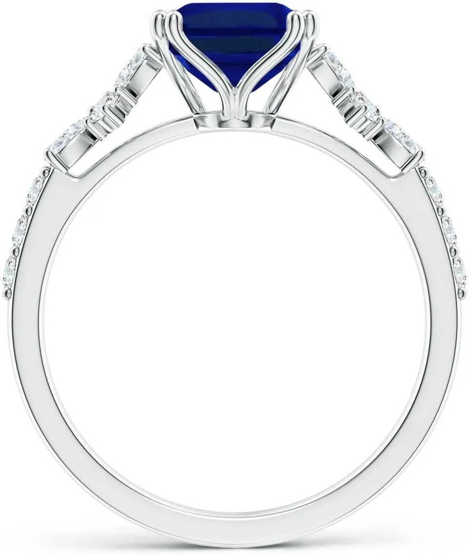 Angara Lab Grown Emerald-Cut Blue Sapphire Side Stone Engagement Ring with Accents in 14K Solid Gold/Platinum | September Birthstone, Birthday, Anniversary, Wedding Jewelry Gift for Women
