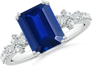 Angara Lab Grown Emerald-Cut Blue Sapphire Side Stone Engagement Ring with Accents in 14K Solid Gold/Platinum | September Birthstone, Birthday, Anniversary, Wedding Jewelry Gift for Women