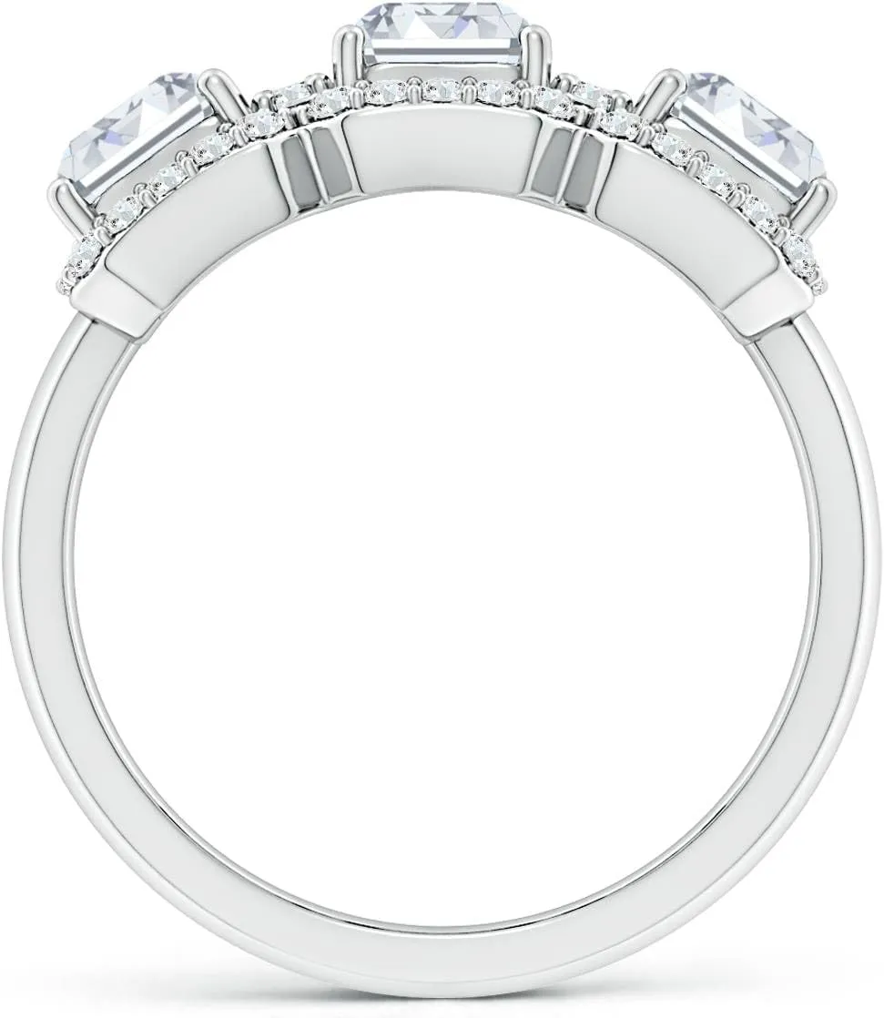 Angara Lab Grown Emerald-Cut Diamond Halo Three Stone Ring in Silver / 14K Solid Gold/Platinum | April Birthstone, Birthday, Engagement, Anniversary, Wedding Jewelry Gift for Women