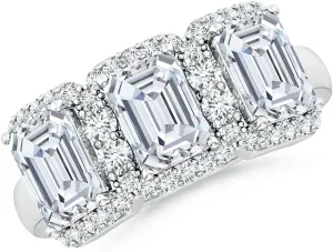 Angara Lab Grown Emerald-Cut Diamond Halo Three Stone Ring in Silver / 14K Solid Gold/Platinum | April Birthstone, Birthday, Engagement, Anniversary, Wedding Jewelry Gift for Women