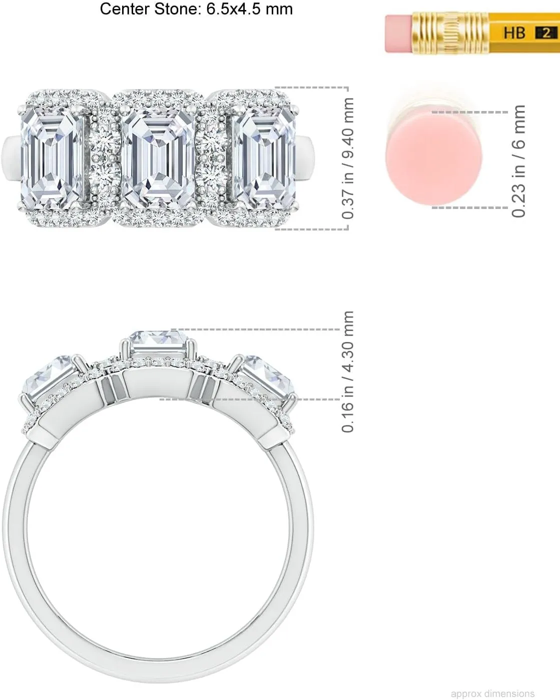 Angara Lab Grown Emerald-Cut Diamond Halo Three Stone Ring in Silver / 14K Solid Gold/Platinum | April Birthstone, Birthday, Engagement, Anniversary, Wedding Jewelry Gift for Women