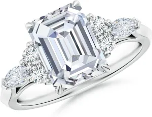 Angara Lab Grown Emerald-Cut Diamond Side Stone Engagement Ring with Diamonds in Silver / 14K Solid Gold/Platinum | April Birthstone, Birthday, Anniversary, Wedding Jewelry Gift for Women