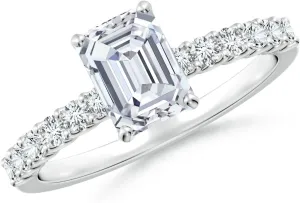 Angara Lab Grown Emerald-Cut Diamond Solitaire Engagement Ring with Diamond Accents in Silver / 14K Solid Gold/Platinum | April Birthstone, Birthday, Anniversary, Wedding Jewelry Gift for Women