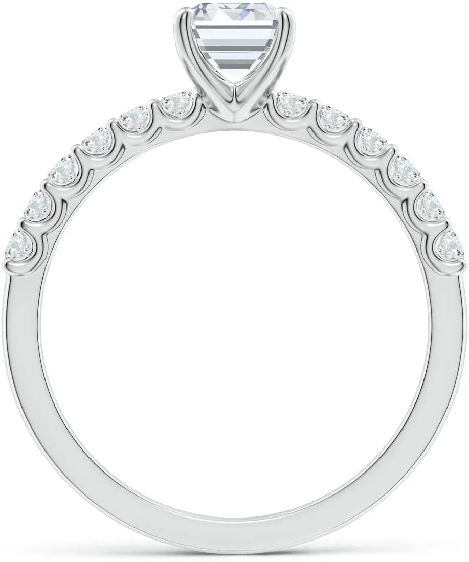 Angara Lab Grown Emerald-Cut Diamond Solitaire Engagement Ring with Diamond Accents in Silver / 14K Solid Gold/Platinum | April Birthstone, Birthday, Anniversary, Wedding Jewelry Gift for Women