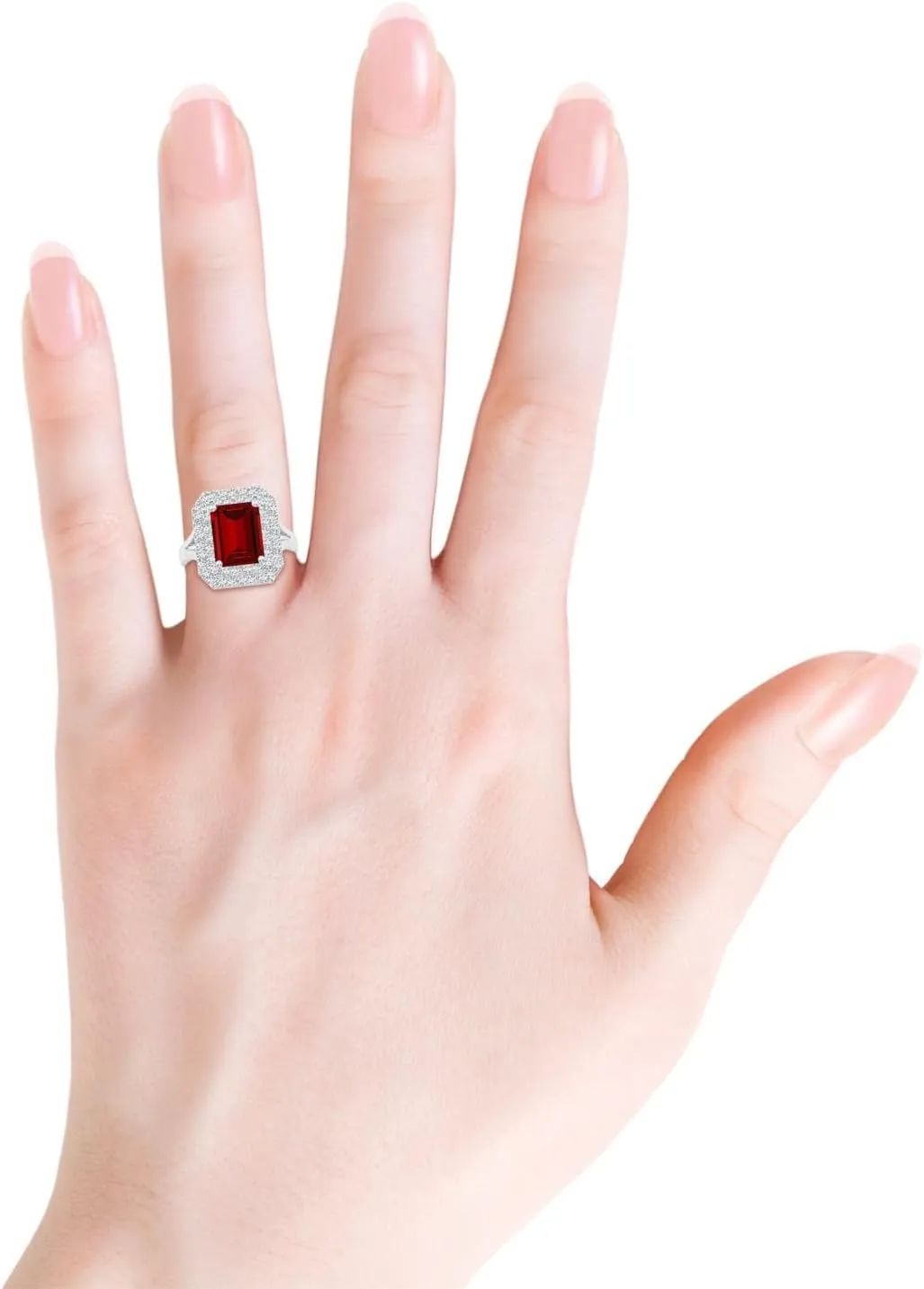 Angara Lab Grown Emerald-Cut Ruby Double Halo Engagement Ring in 14K Solid Gold/Platinum | July Birthstone, Birthday, Anniversary, Wedding Jewelry Gift for Women