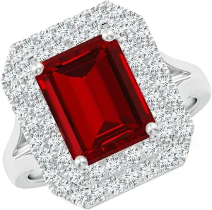 Angara Lab Grown Emerald-Cut Ruby Double Halo Engagement Ring in 14K Solid Gold/Platinum | July Birthstone, Birthday, Anniversary, Wedding Jewelry Gift for Women