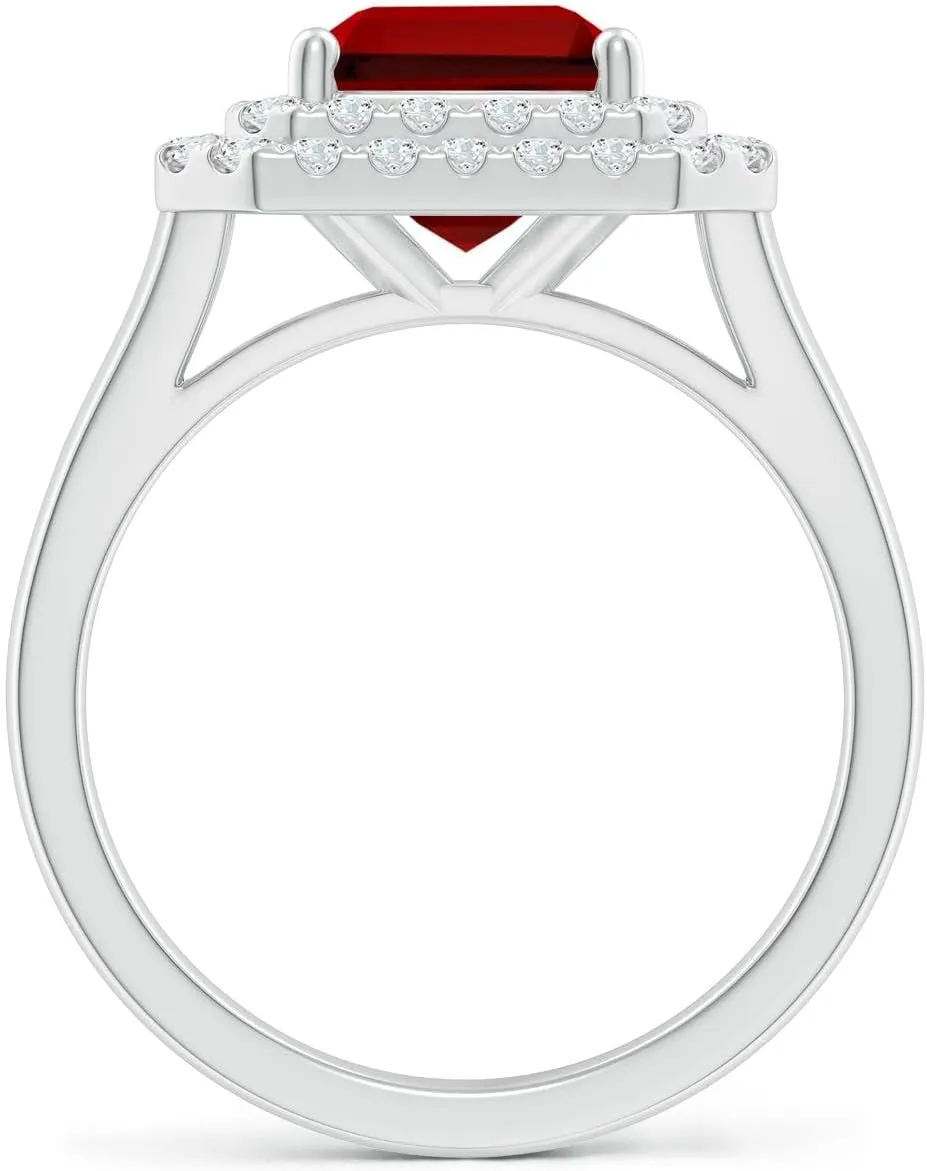 Angara Lab Grown Emerald-Cut Ruby Double Halo Engagement Ring in 14K Solid Gold/Platinum | July Birthstone, Birthday, Anniversary, Wedding Jewelry Gift for Women