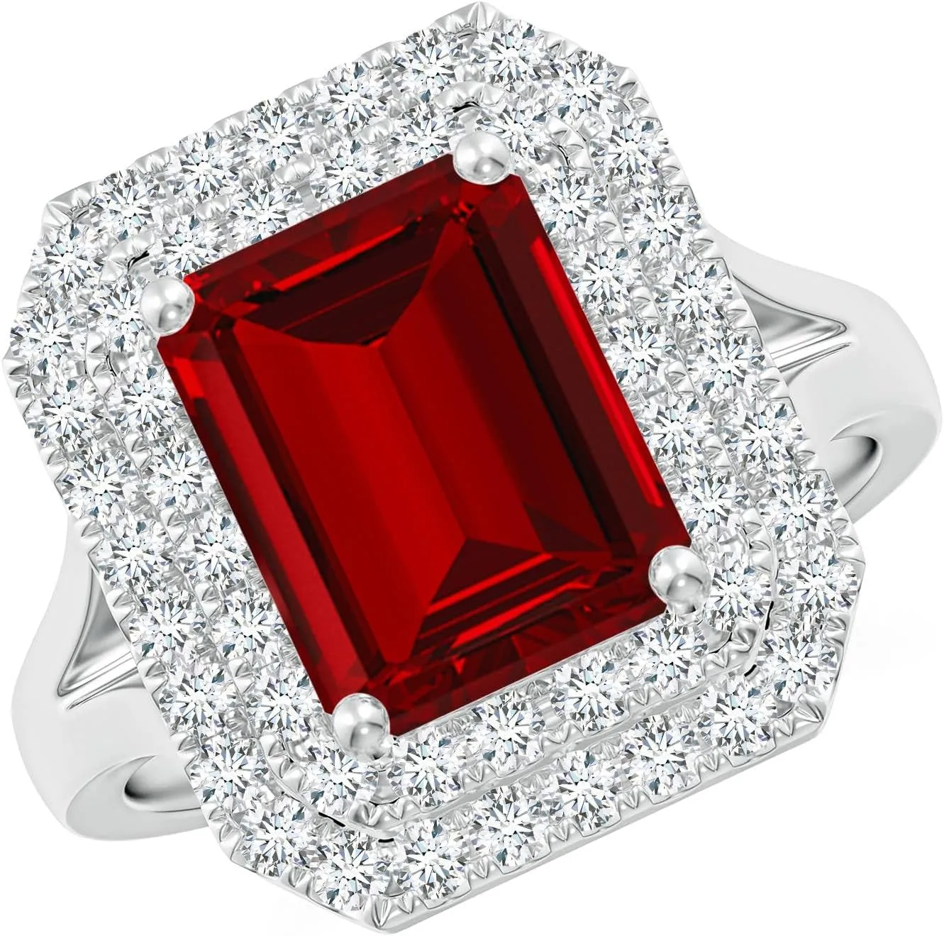 Angara Lab Grown Emerald-Cut Ruby Double Halo Engagement Ring in 14K Solid Gold/Platinum | July Birthstone, Birthday, Anniversary, Wedding Jewelry Gift for Women