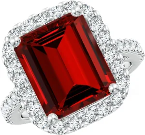 Angara Lab Grown Emerald-Cut Ruby Halo Ring in Silver / 14K Solid Gold/Platinum | July Birthstone, Birthday, Engagement, Anniversary, Wedding Jewelry Gift for Women