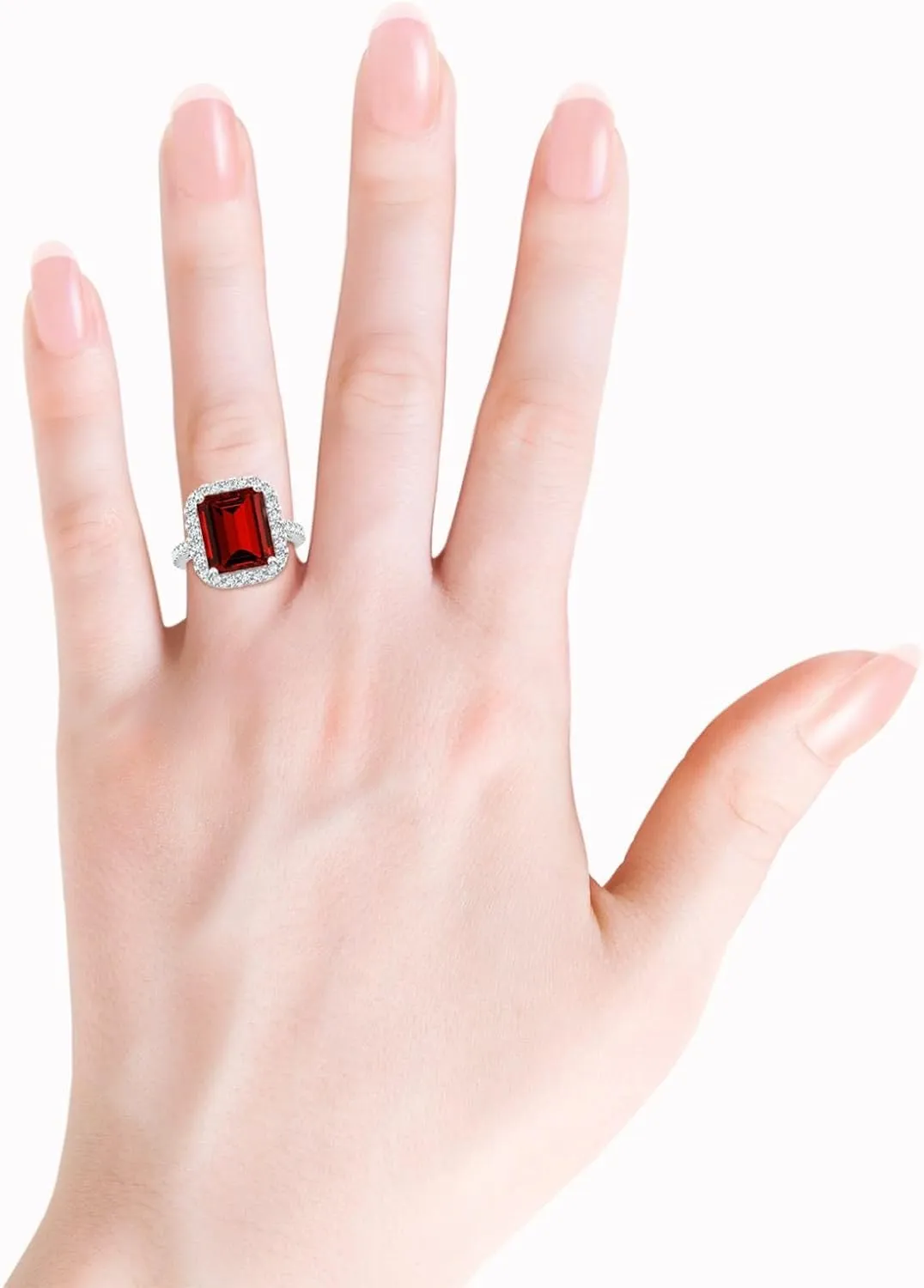 Angara Lab Grown Emerald-Cut Ruby Halo Ring in Silver / 14K Solid Gold/Platinum | July Birthstone, Birthday, Engagement, Anniversary, Wedding Jewelry Gift for Women