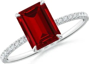 Angara Lab Grown Emerald-Cut Ruby Hidden Halo Classic Engagement Ring in 14K Solid Gold/Platinum | July Birthstone, Birthday, Anniversary, Wedding Jewelry Gift for Women