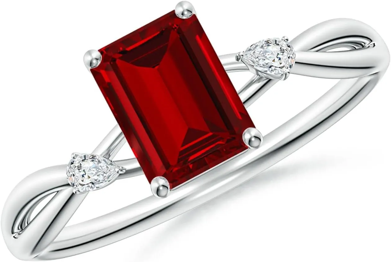 Angara Lab Grown Emerald-Cut Ruby Side Stone Engagement Ring in 14K Solid Gold/Platinum | July Birthstone, Birthday, Anniversary, Wedding Jewelry Gift for Women