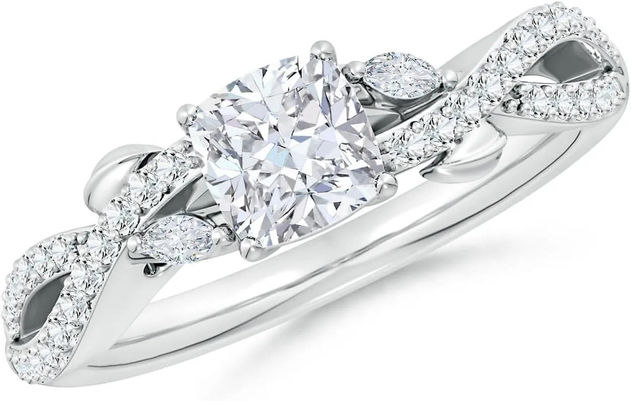 Angara Lab Grown Nature-Inspired Cushion and Marquise Diamond Side Stone Engagement Ring in Silver / 14K Solid Gold/Platinum | April Birthstone, Birthday, Anniversary, Wedding Jewelry Gift for Women