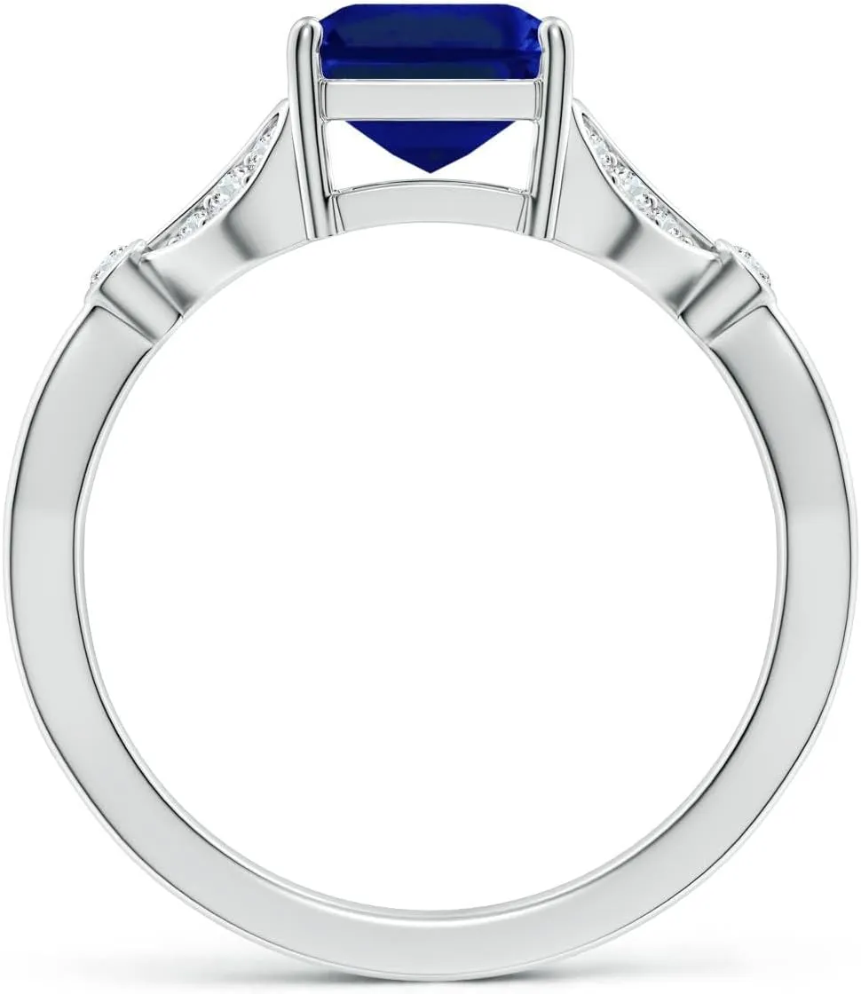 Angara Lab Grown Nature-Inspired Emerald-Cut Blue Sapphire Engagement Ring with Leaf Motifs in 14K Solid Gold/Platinum | September Birthstone, Birthday, Anniversary, Wedding Jewelry Gift for Women