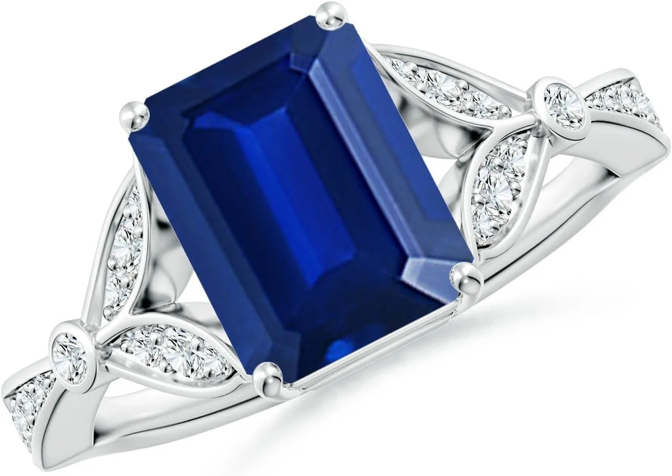 Angara Lab Grown Nature-Inspired Emerald-Cut Blue Sapphire Engagement Ring with Leaf Motifs in 14K Solid Gold/Platinum | September Birthstone, Birthday, Anniversary, Wedding Jewelry Gift for Women