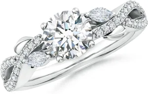 Angara Lab Grown Nature-Inspired Round and Marquise Diamond Side Stone Engagement Ring in Silver / 14K Solid Gold/Platinum | April Birthstone, Birthday, Anniversary, Wedding Jewelry Gift for Women