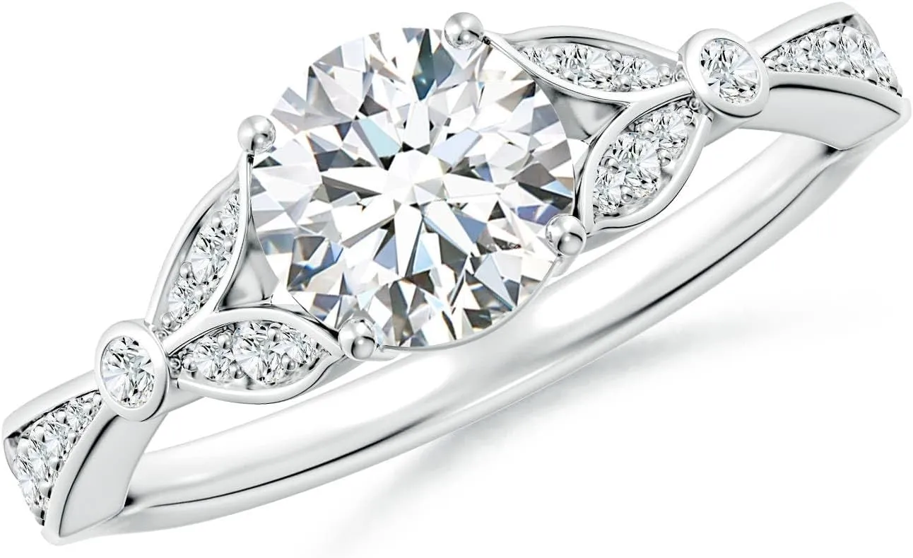 Angara Lab Grown Nature-Inspired Round Diamond Engagement Ring with Leaf Motifs in 14K Solid Gold/Platinum | April Birthstone, Birthday, Anniversary, Wedding Jewelry Gift for Women